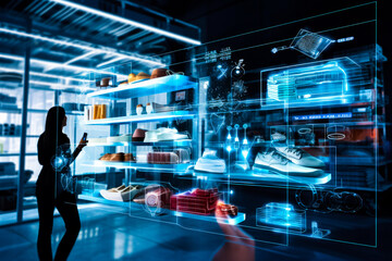 A digital Transformation: Integration between technology and business, with elements like an augmented reality overlays on physical products.