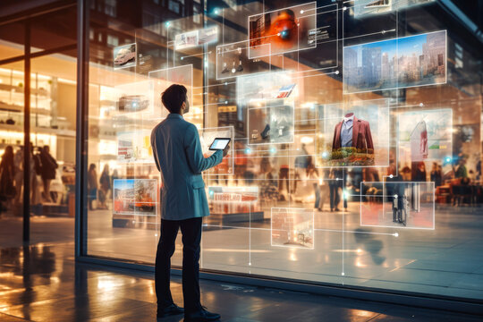 A digital Transformation: Integration between technology and business, with elements like an augmented reality overlays on physical products.