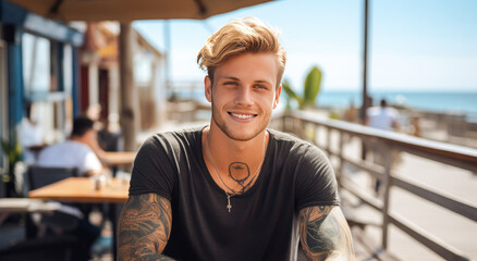 Beautiful attractive young man with blonde hair and body tattoos. Enjoying outdoors at a lively boardwalk lined with shops and restaurants, emphasizing a carefree spirit