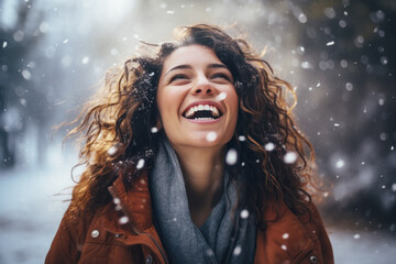 Happy brunette girl smile enjoys snowy winter, christmas holiday