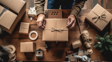 the seller is packaging the goods for the online buyer