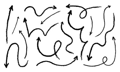 A set of arrows drawn in crayon or charcoal. Various hand drawn elements with a pastel pencil texture. Fun doodles, grunge swirling lines, scribble or swooshes markers, vector illustration