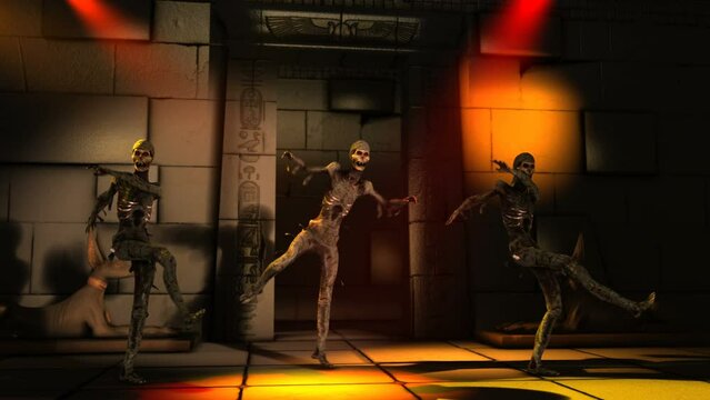 Seamless animation of a mummies dancing twist in egyptian ruins with disco lights. Funny cartoon character for Halloween background.