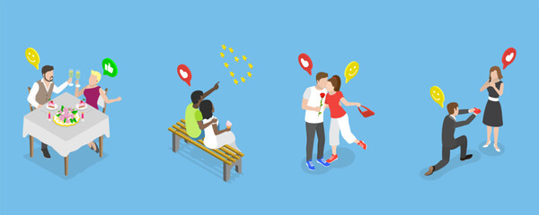 3D Isometric Flat Vector Conceptual Illustration of Romantic Dating, Sparetime of Loving People