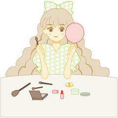 ウェーブヘアーの髪の長いガーリーな女の子が机に座って鏡を見ながらメイクをしている様のベクターイラスト