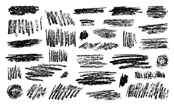 Black crayon or charcoal shapes set. Doodle forms with grunge pastel pencil texture. Hand drawn chalk scribbles or rough elements. Sketchy brushes for banner design, graffiti, childish drawing