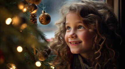Naklejka premium A child gazes through the window, transfixed by the mesmerizing sight of a beautifully adorned Christmas tree, radiating the magic of the festive season.