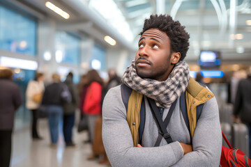 African American man in airport experiencing flight delays and travel plan changes. Worried and anxious look on his face. Travel problems - obrazy, fototapety, plakaty