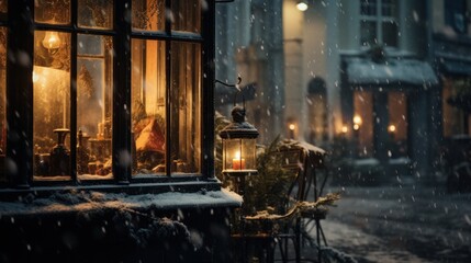 A snowy street is blanketed in white, while warm candlelight emanates from the window, capturing the enchanting essence of Christmas.