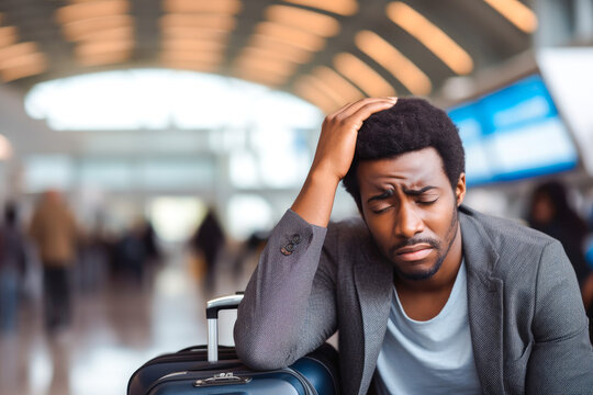 African American man in airport experiencing flight delays and travel plan changes. Worried and anxious look on his face. Travel problems