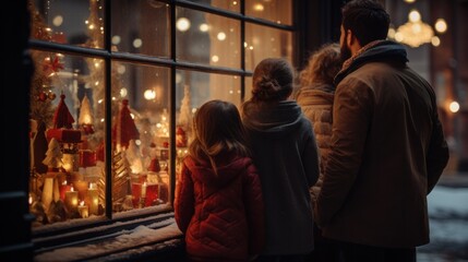 Youngsters gaze eagerly through the window, captivated by the enchanting Christmas tree.