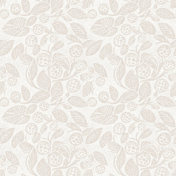 Subtle rustic elegance wedding floral block print linen seamless pattern. All over print of white on white tonal cotton effect flower background.