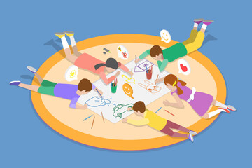 3D Isometric Flat Vector Conceptual Illustration of Painting Children, Creative Hobby for Kids