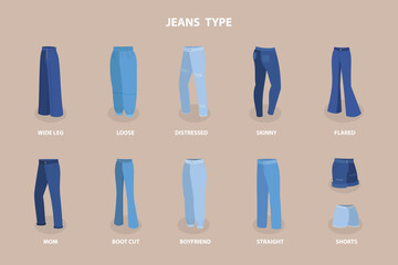3D Isometric Flat Vector Set of Jeans Styles, Fashion Pants