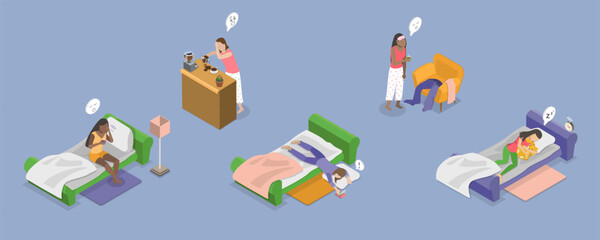 3D Isometric Flat Vector Conceptual Illustration of Sleepy Early Morning, Lazy Monday