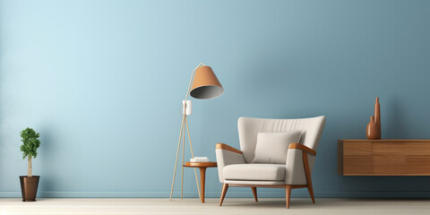 living room interior mockup in warm tones with armchair on empty light blue wall background, generative AI