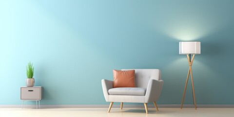 living room interior mockup in warm tones with armchair on empty light blue wall background, generative AI