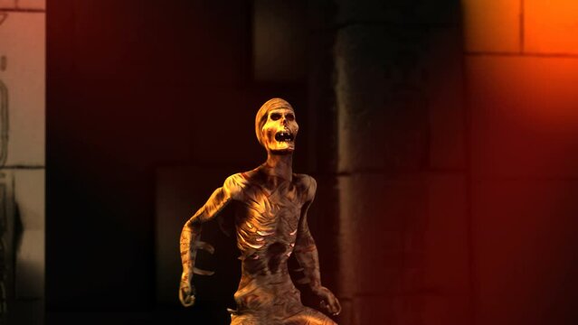 Seamless animation of a mummy dancing thriller in egyptian ruins with disco lights.Close-up of funny cartoon character for Halloween background.