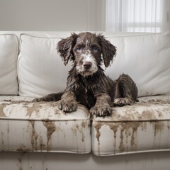 A dog covered in mud with a guilty face is sitting on a clean sofa couch, the sofa is now covered...
