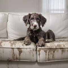 Fototapeten A dog covered in mud with a guilty face is sitting on a clean sofa couch, the sofa is now covered in mud, Generative AI © Rick