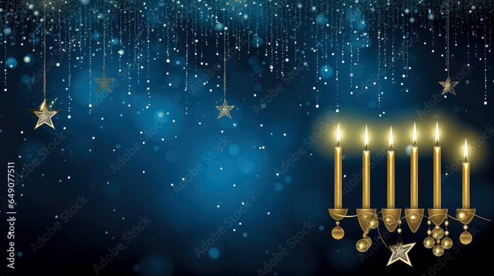 Wall mural hanukkah festive celebration concept, glow of the menorah with shining candles and star