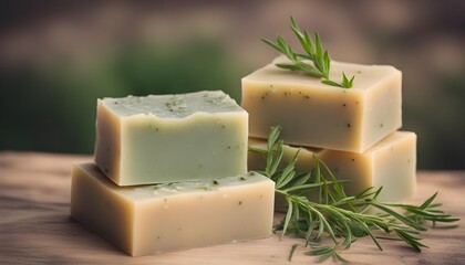 herb handmade soap with outdoor background. closeup.