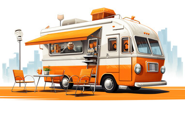 Side view of a vibrant orange food truck with a coffee menu and a white chair, adorned with a poster