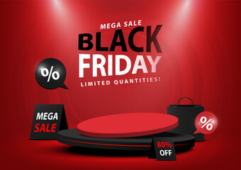 Black Friday, Mega Sale. Stage pedestal for Advertising product with sale tags banner elements on red background. Abstract background. Vector illustration.