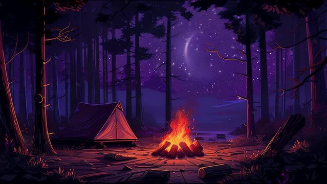 camp fire waving fire dust particles night starry sky animation loop created using Generative AI technology.