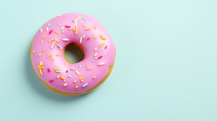 Delicious pink donut on light pastel green, blue background.