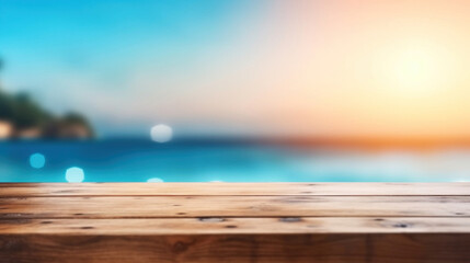 Naklejka na ściany i meble Empty wood plank table top with blur blue ocean and bokeh light. Mock up for display or montage of product. Banner or header for advertise on social media.