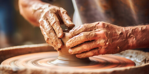Cluse up hands of potter making clay pot.