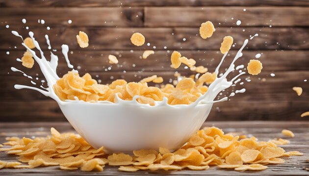 Falling corn flakes with milk splash on wooden background.