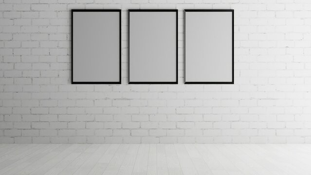 White Painted Brick Wall with Three Framed Prints Mockup