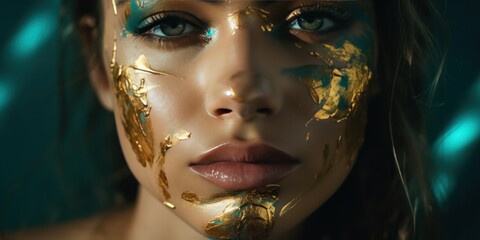 A close portrait of a very beautiful woman, she has make up with gold powder, generative AI © VALUEINVESTOR