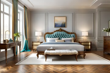 Luxurious bedroom interior with carved wooden bed, dressing table and nightstands