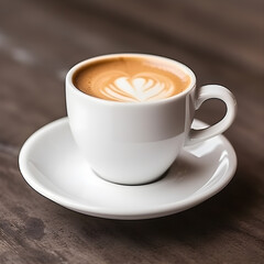 Breakfast cup of coffee on a white saucer, dark wooden table with brown expresso coffee beansa