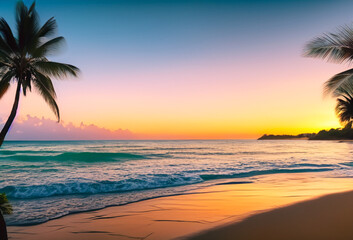 Serene beach at sunset with palm trees and gentle waves.