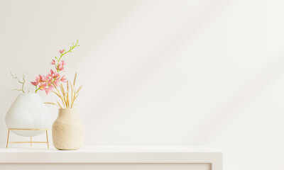 Wall mockup with ornamental Vase,White wall and shelf.