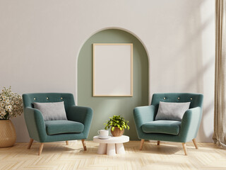 Poster mockup with vertical frames on empty wall in living room interior.
