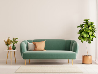 Green sofa and wooden table in living room interior with plant,white wall.