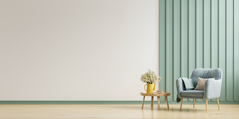 Room interior has green armchair on empty white wall background. - 649081161