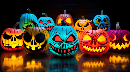 Fun pumpkins for Halloween in neon colors with paint and graffiti
