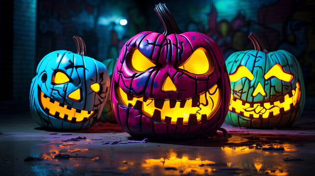 Fun pumpkins for Halloween in neon colors with paint and graffiti
