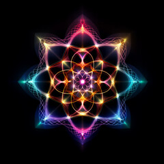 Holographic Mandala Effect Photo Overlay. Iridescent Shimmer Patterns, Radiant Kaleidoscope, Geometric Neon Shapes, Symmetrical Flower Abstract, Colorful Light. Generative AI.