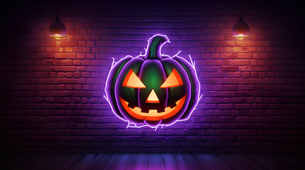 Halloween pumpkins with neon lights. Halloween pumpkin-shaped posters with bright and intense colors. Modern Halloween pumpkins with bricks background.