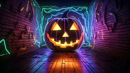 Halloween pumpkins with neon lights. Halloween pumpkin-shaped posters with bright and intense colors. Modern Halloween pumpkins with bricks background.