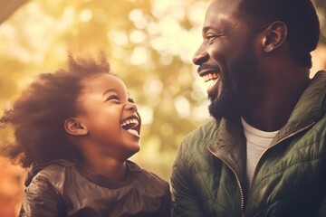 Portrait, happy father and boy smile in garden fun, vacation and break in summer happiness together. Black man and child smile, love and hug outdoor bonding free time on a sunny day in the park 
