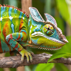Obraz premium A close-up of a colorful chameleon blending into its natural habitat.