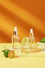 Two glass dropper bottles placed on podiums displayed with kumquats and limes. Branding mockup with...